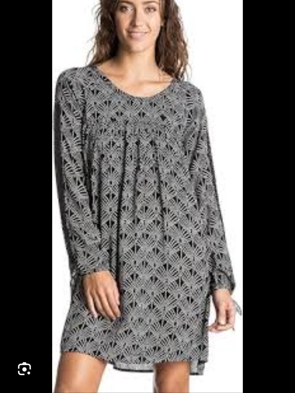 Roxy Babydoll Woven Mini Dress Black Geometric Print Crochet Sleeve, Size M